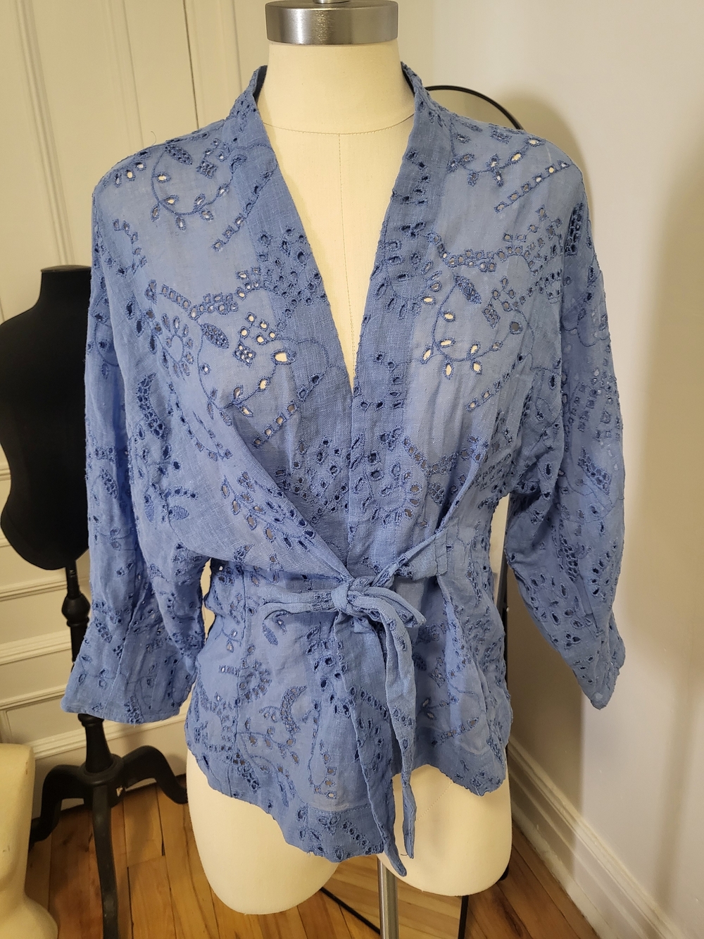 Zara Powder Blue Eyelet Wrap Tunic with Self Tie